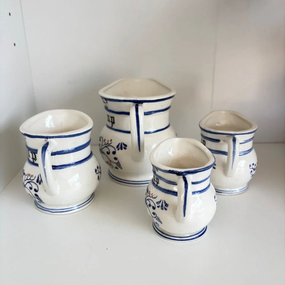 Vintage Ceramic Measuring Cup Pitcher Set 4 Blue White Farmhouse Kitchen Decor